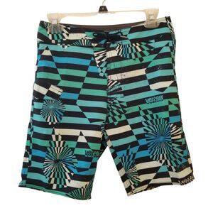 Volcom Mod Tech Board Shorts Mens 28 Blue Black Geometric Pocket Inseam 9"